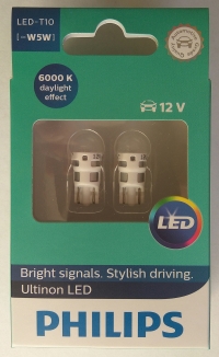 Светодиодные лампы W5W / T10 PHILIPS Ultinon LED 6000К 11961ULWX2 (пара)